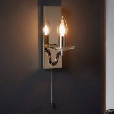 Stylish 1 light wall bathroom light in nickel finish with clear crystal detail ip44