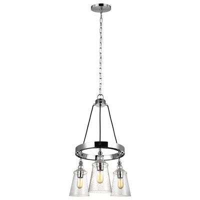 Quintiesse qn-loras3 loras 3 light industrial ceiling chandelier in polished chrome with seeded glass